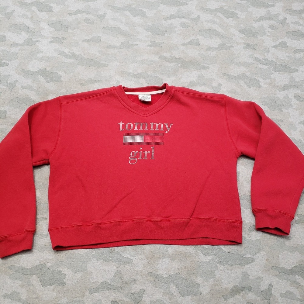 Vintage Tommy Jeans Sweatshirt Womens Large Red Y2K Pullover Crop Long Sleeve